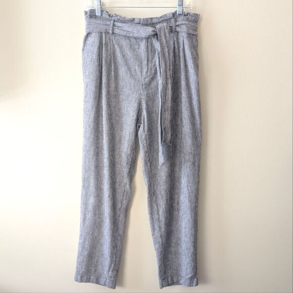 Loft Paperbag Pull On Pants Striped Linen Belted Size Medium - Picture 4 of 9